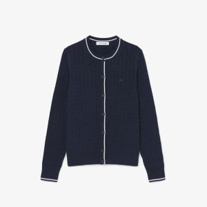 Cardigan a righe Lacoste da donna in maglia a trecce Blu