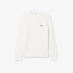 Pullover in maglia a trecce Lacoste da uomo in cotone Bianco