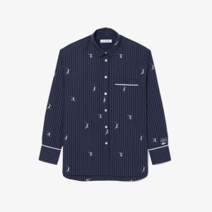 Camicia oversize Lacoste da donna in popeline di cotone con motivi jacquard Blu