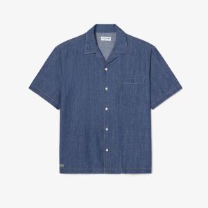 Camicia in denim Lacoste da uomo a maniche corte relaxed fit con collo aperto Blu