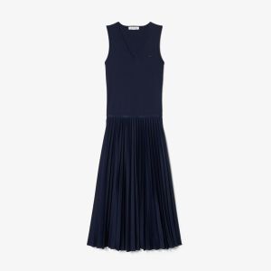 Abito lungo Lacoste da donna plissettato senza maniche Blu