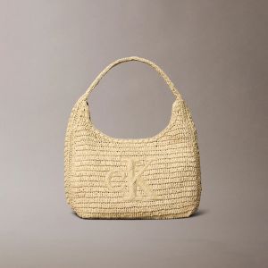 Calvin Klein Borsa da Spalla Grande in Rafia Intrecciata Beige